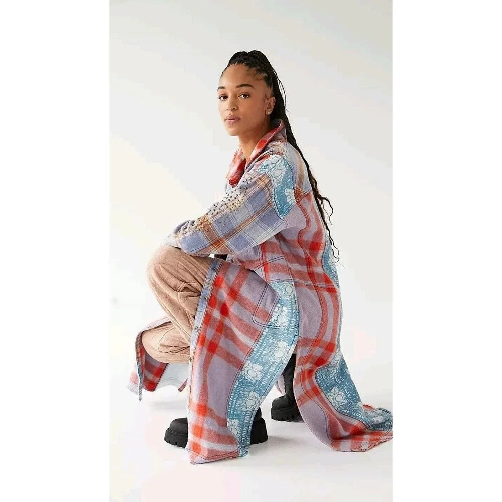 Free People We The Free Flannel Painted Hills Maxi Shirt Top Oversized S 285336